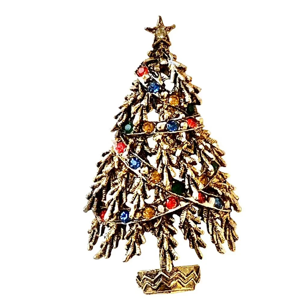 ART Arthur Pepper Vintage Christmas Tree Brooch Rhinestones & Beads Snow Signed